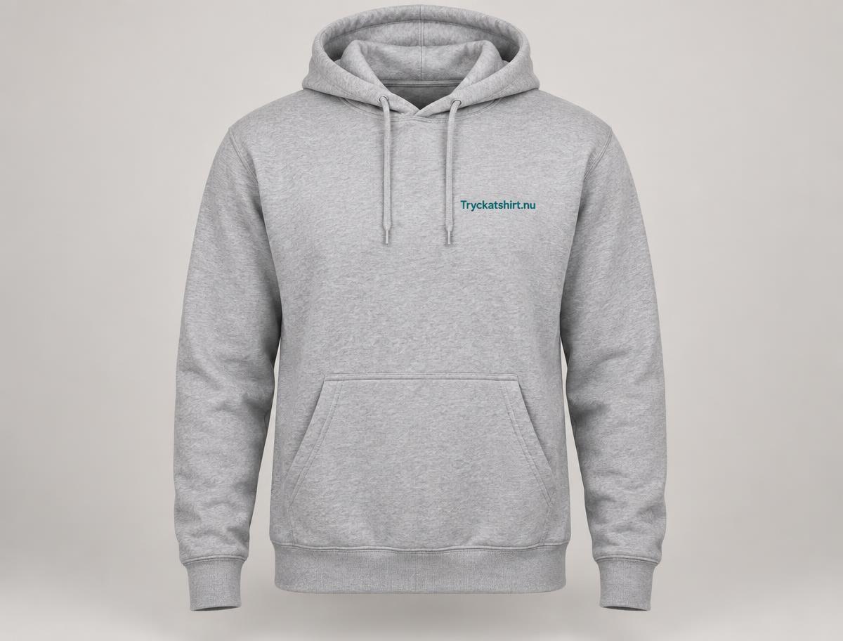 Grå hoodie med tryckt logga på bröstet